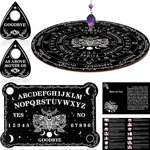 Threan Pendulum Dowsing Divination Board with Amethyst Set Wooden Spirit Talking Board Metaphysical Message Crystal Pendulum Necklace with Planchette for Wiccan SupplyMoth Style - Image 1