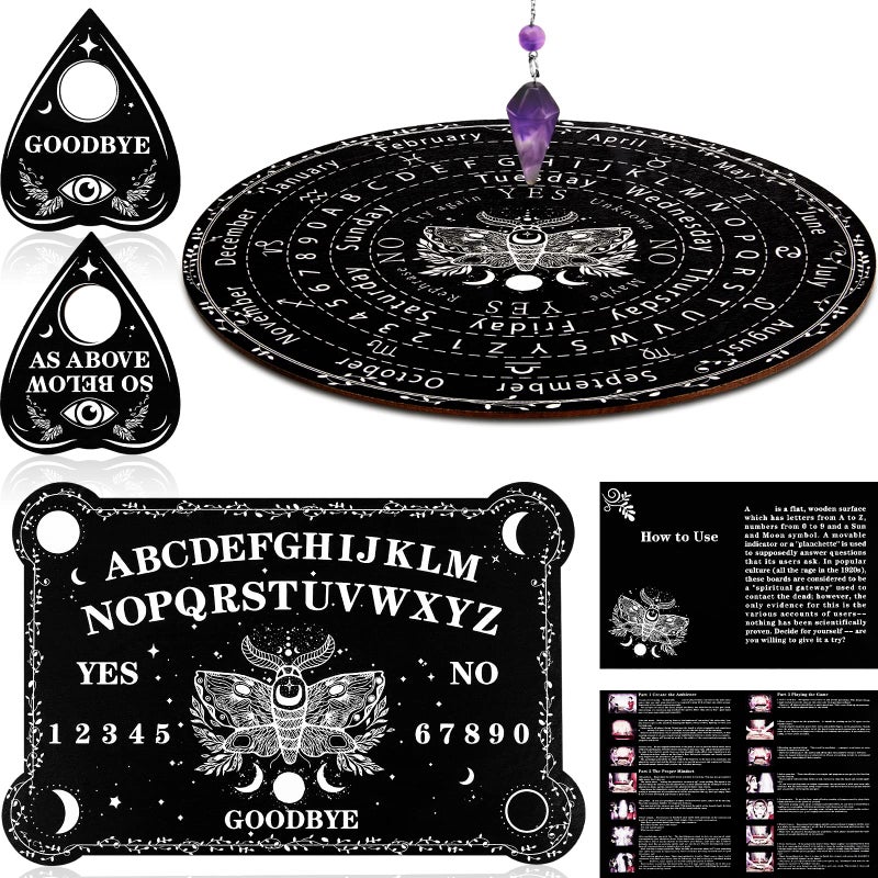 Threan Pendulum Dowsing Divination Board with Amethyst Set Wooden Spirit Talking Board Metaphysical Message Crystal Pendulum Necklace with Planchette for Wiccan SupplyMoth Style - Image 3