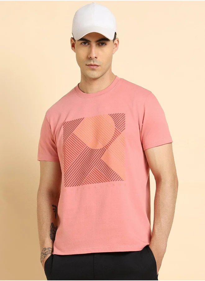 دينيس لينغو Pink Printed Regular Fit Crew Neck T-shirt for Men - 100% Cotton, Half Sleeves, Casual