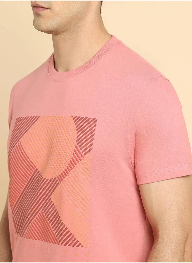 دينيس لينغو Pink Printed Regular Fit Crew Neck T-shirt for Men - 100% Cotton, Half Sleeves, Casual