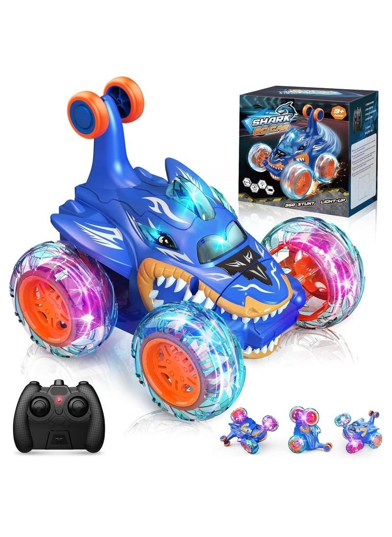 RAKAY Remote Control Stunt Car, 360° Flipping LED Race Car with Shark Design, 2.4GHz RC Car with Light Up Wheels, Blue  - Image 1