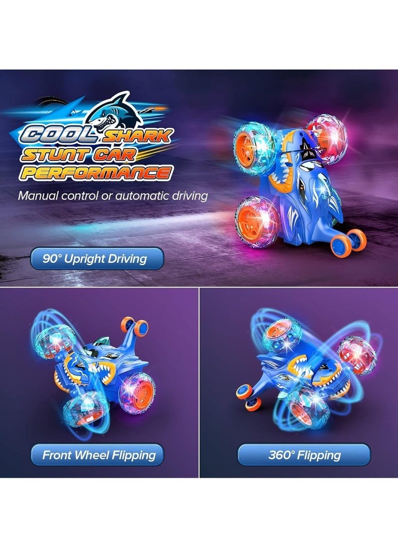 RAKAY Remote Control Stunt Car, 360° Flipping LED Race Car with Shark Design, 2.4GHz RC Car with Light Up Wheels, Blue  - Image 2