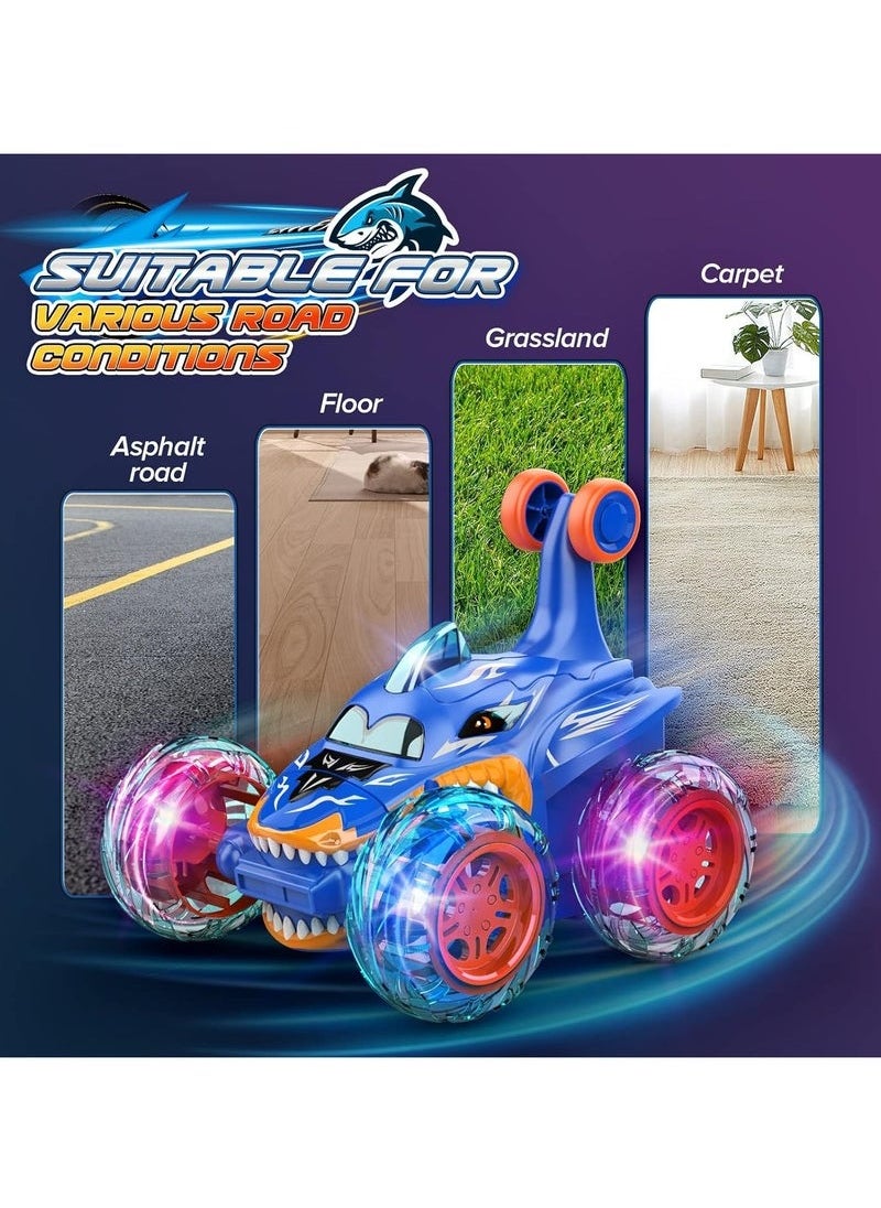 RAKAY - Remote Control Stunt Car, 360° Flipping LED Race Car with Shark Design, 2.4GHz RC Car with Light Up Wheels, Blue - Image 1
