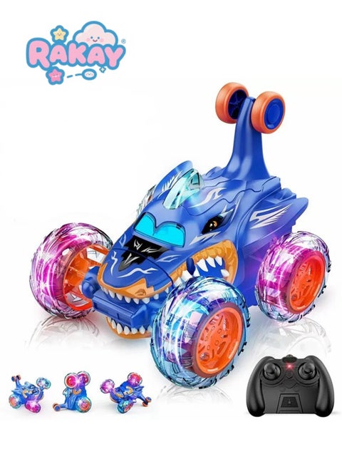 Remote Control Stunt Car, 360° Flipping LED Race Car with Shark Design, 2.4GHz RC Car with Light Up Wheels, Blue