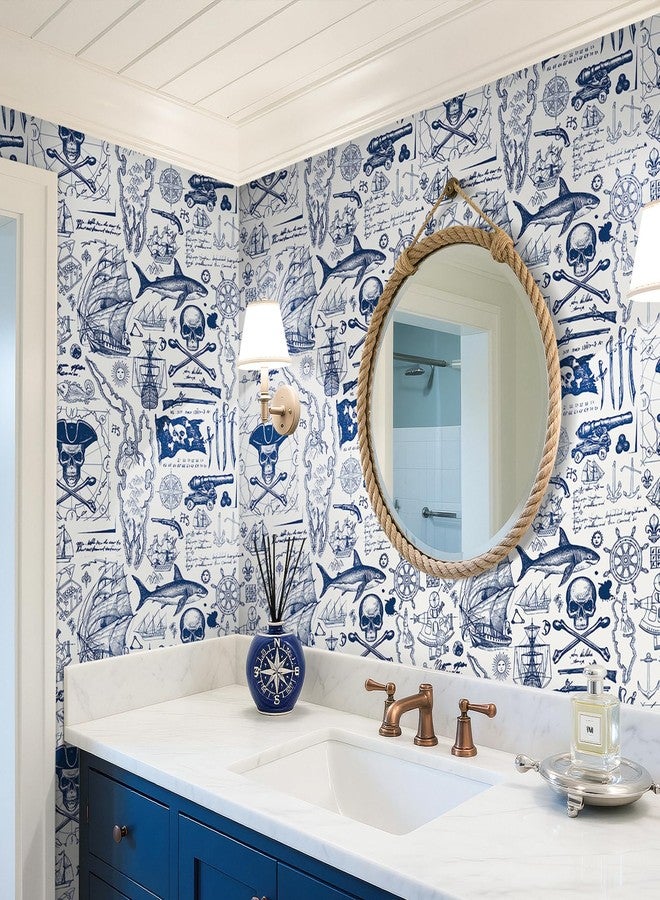 ReWallpaper ورق حائط بحري من ReWallpaper قابل للتقشير واللصق، ورق حائط ساحلي أزرق وأبيض مقاوم للماء للحمام، جدارية جدارية على شكل خريطة قراصنة، ورق حائط ذاتي اللصق للأثاث، غرفة الأطفال، غرفة نوم الأولاد، 17.5 بوصة × 10 أقدام - Image 2