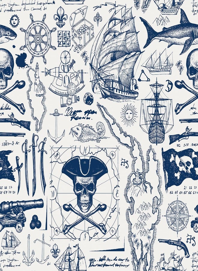 ReWallpaper ورق حائط بحري من ReWallpaper قابل للتقشير واللصق، ورق حائط ساحلي أزرق وأبيض مقاوم للماء للحمام، جدارية جدارية على شكل خريطة قراصنة، ورق حائط ذاتي اللصق للأثاث، غرفة الأطفال، غرفة نوم الأولاد، 17.5 بوصة × 10 أقدام - Image 1