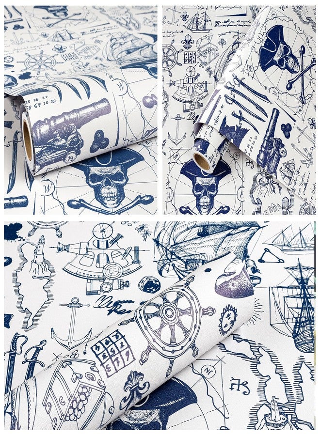 ReWallpaper ورق حائط بحري من ReWallpaper قابل للتقشير واللصق، ورق حائط ساحلي أزرق وأبيض مقاوم للماء للحمام، جدارية جدارية على شكل خريطة قراصنة، ورق حائط ذاتي اللصق للأثاث، غرفة الأطفال، غرفة نوم الأولاد، 17.5 بوصة × 10 أقدام - Image 5