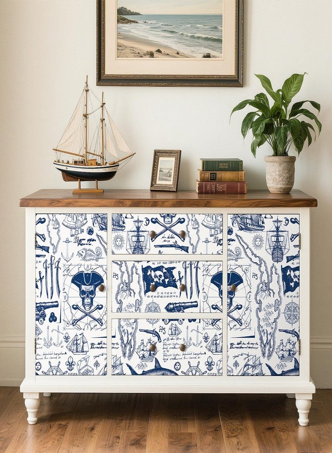 ReWallpaper ورق حائط بحري من ReWallpaper قابل للتقشير واللصق، ورق حائط ساحلي أزرق وأبيض مقاوم للماء للحمام، جدارية جدارية على شكل خريطة قراصنة، ورق حائط ذاتي اللصق للأثاث، غرفة الأطفال، غرفة نوم الأولاد، 17.5 بوصة × 10 أقدام - Image 3