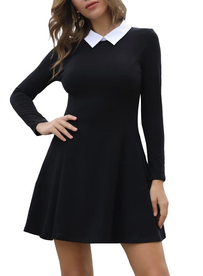 Aphratti Women's Long Sleeve Casual Peter Pan Collar Fit and Flare Skater Dress Black Medium - Image 1