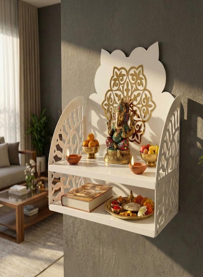 NIVED Saraswati Metal Mandir | 15 x 15 x 8 inch | Extra Storage | Dual Colour Design | Wall Mountable | Easy Screw Assembly | Home Temple | Pooja Stand | Colour: White & Brown - Image 1