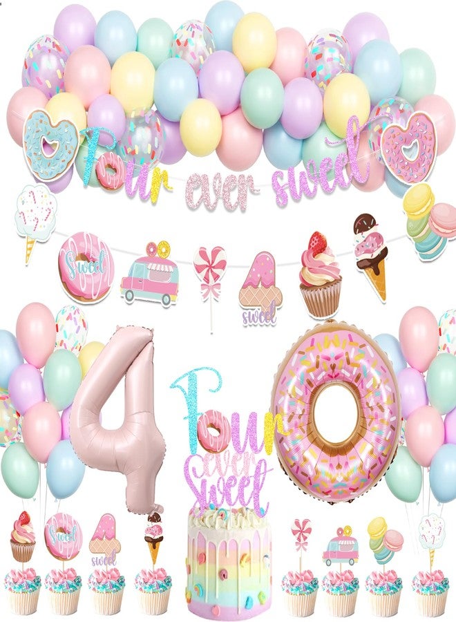 Hombae Four Ever Sweet Birthday Decorations Girl, 4th Birthday Decorations for Girl, Donut Themed Birthday Party Supplies with Banner Foil Balloon Cake Topper for 4 Year Old Girl Birthday Decorations - Image 1