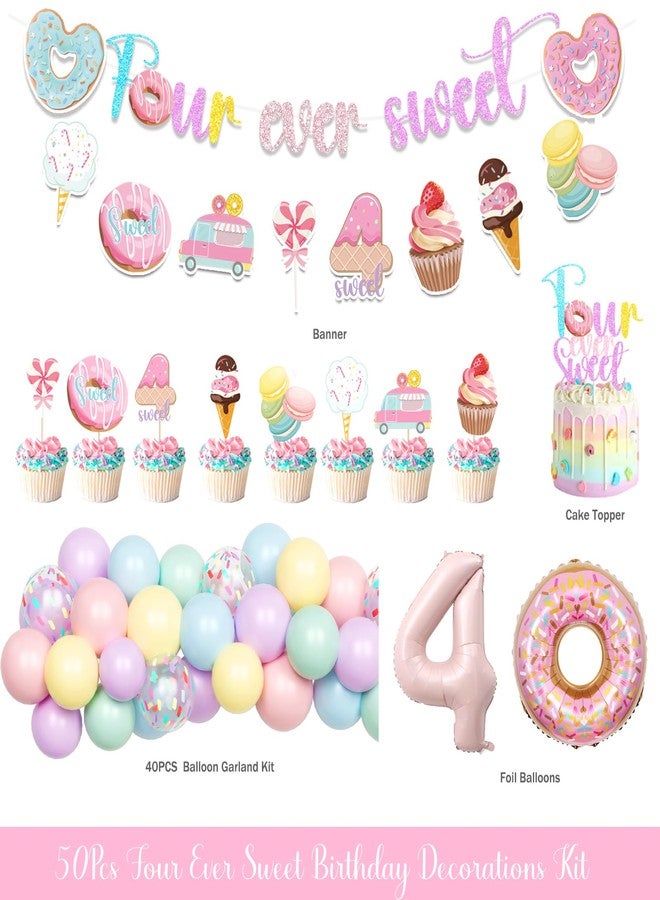 Hombae Four Ever Sweet Birthday Decorations Girl, 4th Birthday Decorations for Girl, Donut Themed Birthday Party Supplies with Banner Foil Balloon Cake Topper for 4 Year Old Girl Birthday Decorations - Image 2