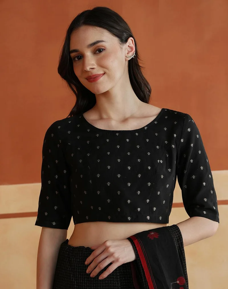 Fabindia  Black Cotton Silk Blend Woven Buti Stitched Blouse for Women | Best Price UAE
