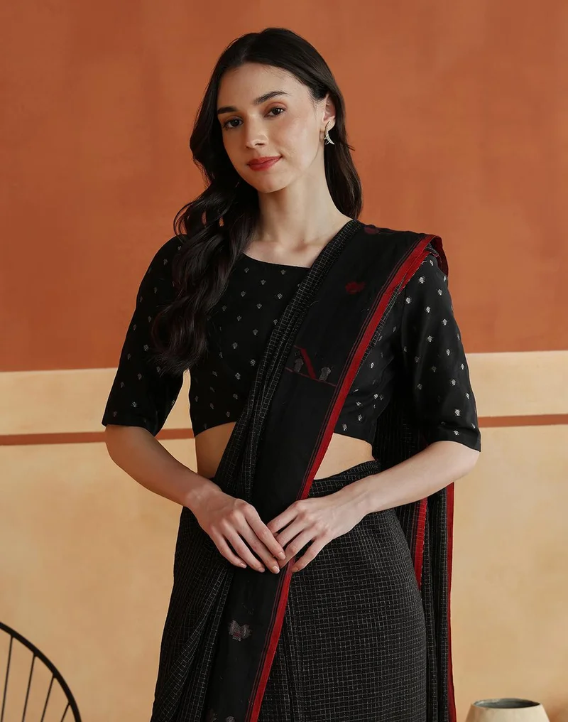 Fabindia  Black Cotton Silk Blend Woven Buti Stitched Blouse for Women | Best Price UAE