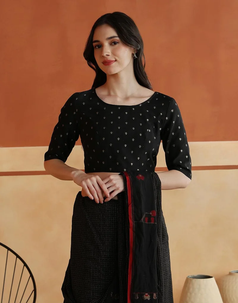 Black Cotton Silk Blend Woven Buti Stitched Blouse