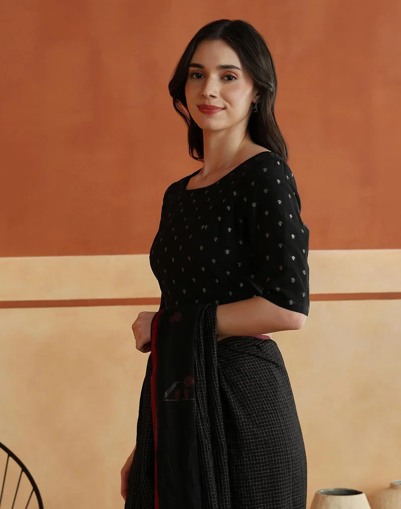 Fabindia  Black Cotton Silk Blend Woven Buti Stitched Blouse for Women | Best Price UAE