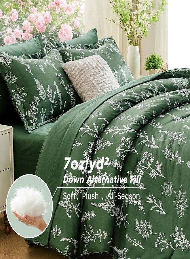 MUXHOMO Dark Green Full Comforter Set, Elegant Floral Print Bed in a Bag 7 Pieces, Ultra Soft & Breathable Reversible Botanical Pattern Bedding Set with Comforter, Sheets, Pillowcases, and Shams - Image 3