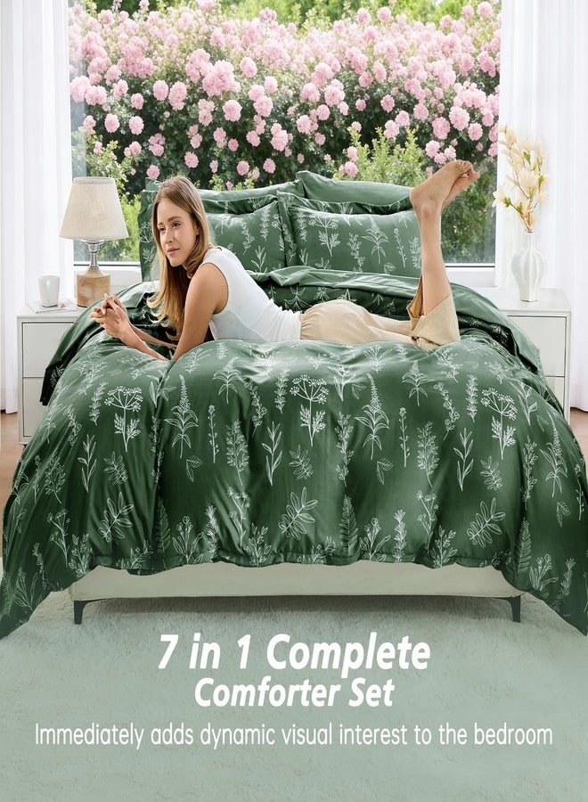 MUXHOMO Dark Green Full Comforter Set, Elegant Floral Print Bed in a Bag 7 Pieces, Ultra Soft & Breathable Reversible Botanical Pattern Bedding Set with Comforter, Sheets, Pillowcases, and Shams - Image 4