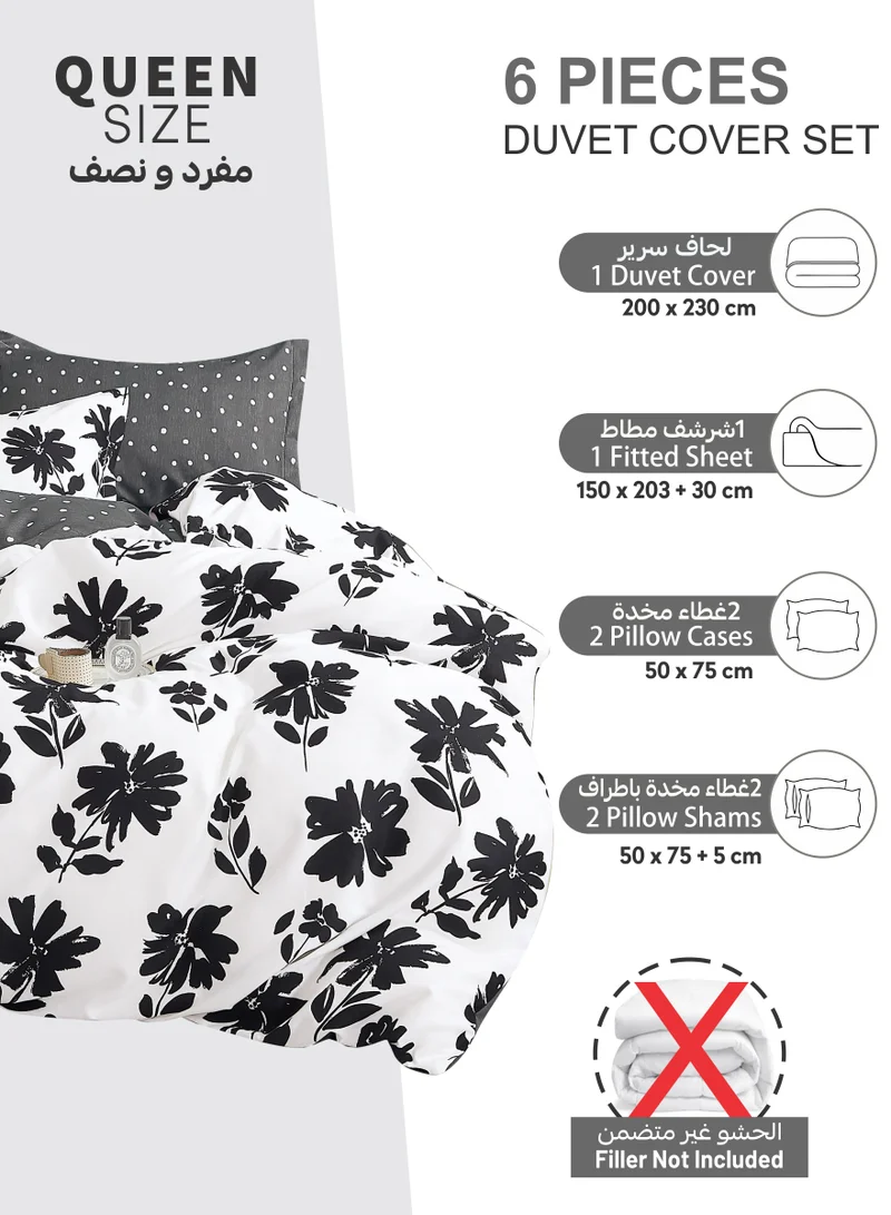 Donetella Printed Duvet Set, Queen Size 200x230 cm - 6-Pcs Bed Set, Microfiber Fabric - 1 Duvet Cover, 1 Fitted Sheet, 2 Pillow Shams, 2 Pillowcases (Filler Not Included)