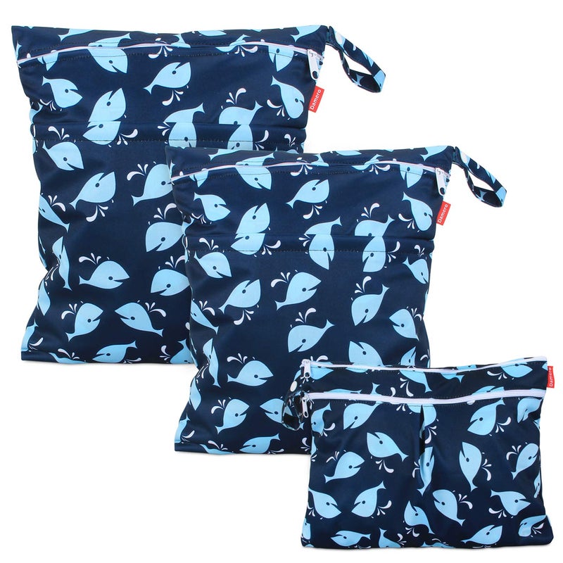 Damero 3Pcs Wet Dry Bag with 2 Zippered Pockets and Snap Handle for Cloth Diaper, Swimsuit, Clothes, Ideal for Travel, Exercise, Daycare, Roomy and Water-resistant (Whale) - Image 1