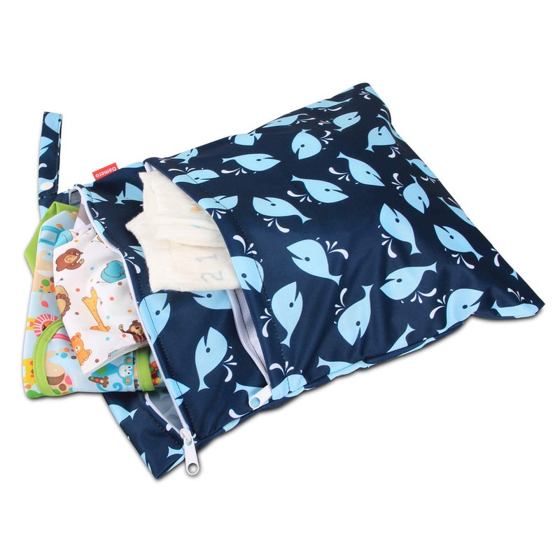 Damero 3Pcs Wet Dry Bag with 2 Zippered Pockets and Snap Handle for Cloth Diaper, Swimsuit, Clothes, Ideal for Travel, Exercise, Daycare, Roomy and Water-resistant (Whale) - Image 3