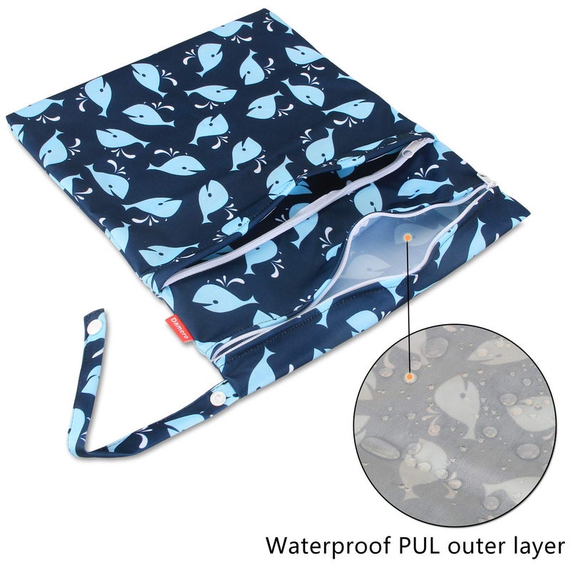 Damero 3Pcs Wet Dry Bag with 2 Zippered Pockets and Snap Handle for Cloth Diaper, Swimsuit, Clothes, Ideal for Travel, Exercise, Daycare, Roomy and Water-resistant (Whale) - Image 2