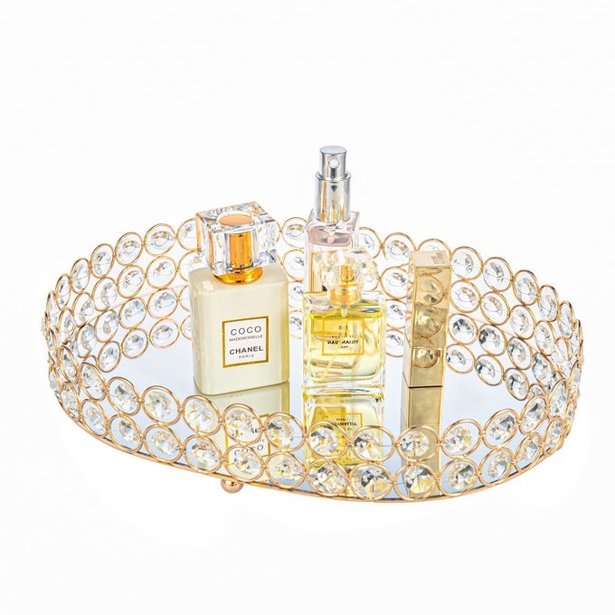 CRYSTAL PERFUME TRAY VANITY MAKEUP ORGANIZER ORNATE JEWELRY TRINKET COSMETIC TOOLS DECORATIVE SKIN CARE STORAGE FOR HOME DECO DRESSER BATHROOM COUNTERTOP OVAL 12 X 9 GOLD