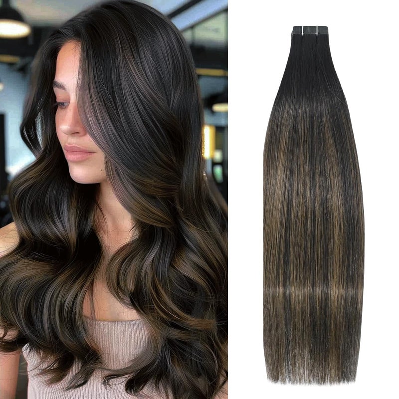 Aison Tape in Hair Extensions 1BT6P1B Natural Black to Chestnut Brown 100% Remy Human Hair Extensions Silky Straight for Fashion Women 20 Pcs/Package(14Inch #1BT6P1B 30g)