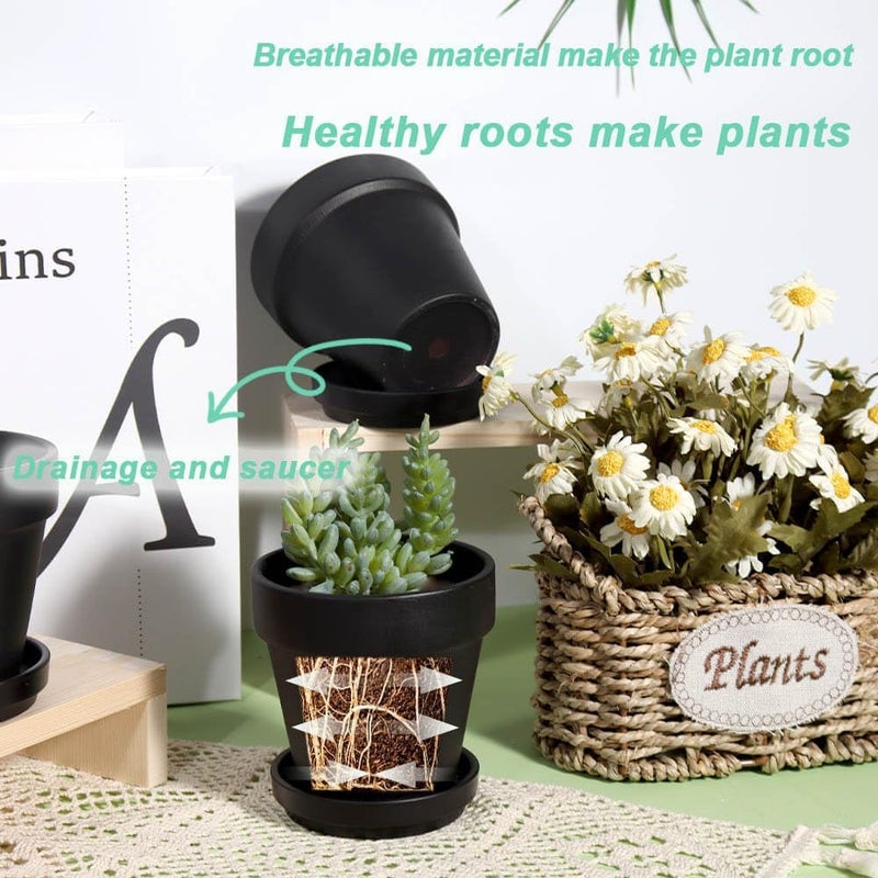 vensovo 4 Inch Small Black Terracotta Plant Pots with Saucer - 6 Pack Clay Flowerpots with Drainage, Great for Indoor Outdoor Plants, Crafts, Wedding Favor - Image 5