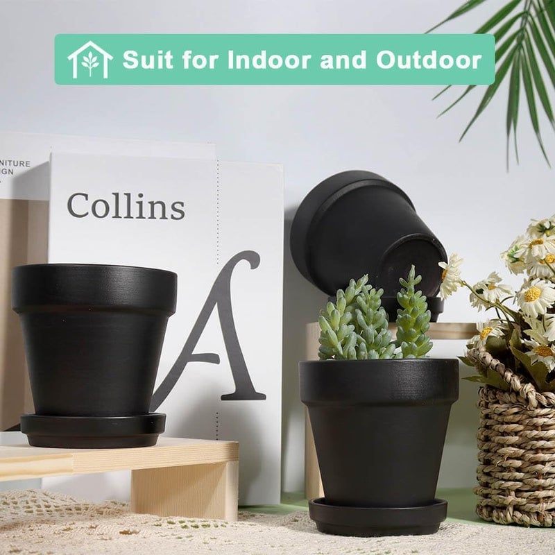 vensovo 4 Inch Small Black Terracotta Plant Pots with Saucer - 6 Pack Clay Flowerpots with Drainage, Great for Indoor Outdoor Plants, Crafts, Wedding Favor - Image 4
