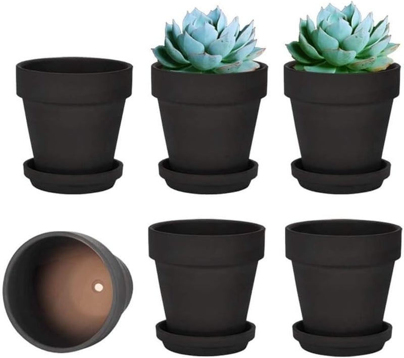 vensovo 4 Inch Small Black Terracotta Plant Pots with Saucer - 6 Pack Clay Flowerpots with Drainage, Great for Indoor Outdoor Plants, Crafts, Wedding Favor - Image 1
