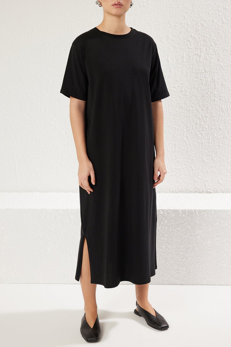 trendyol Black 100% Cotton Crew Neck Short Sleeve Midi Knitted T-shirt Dress - Image 3