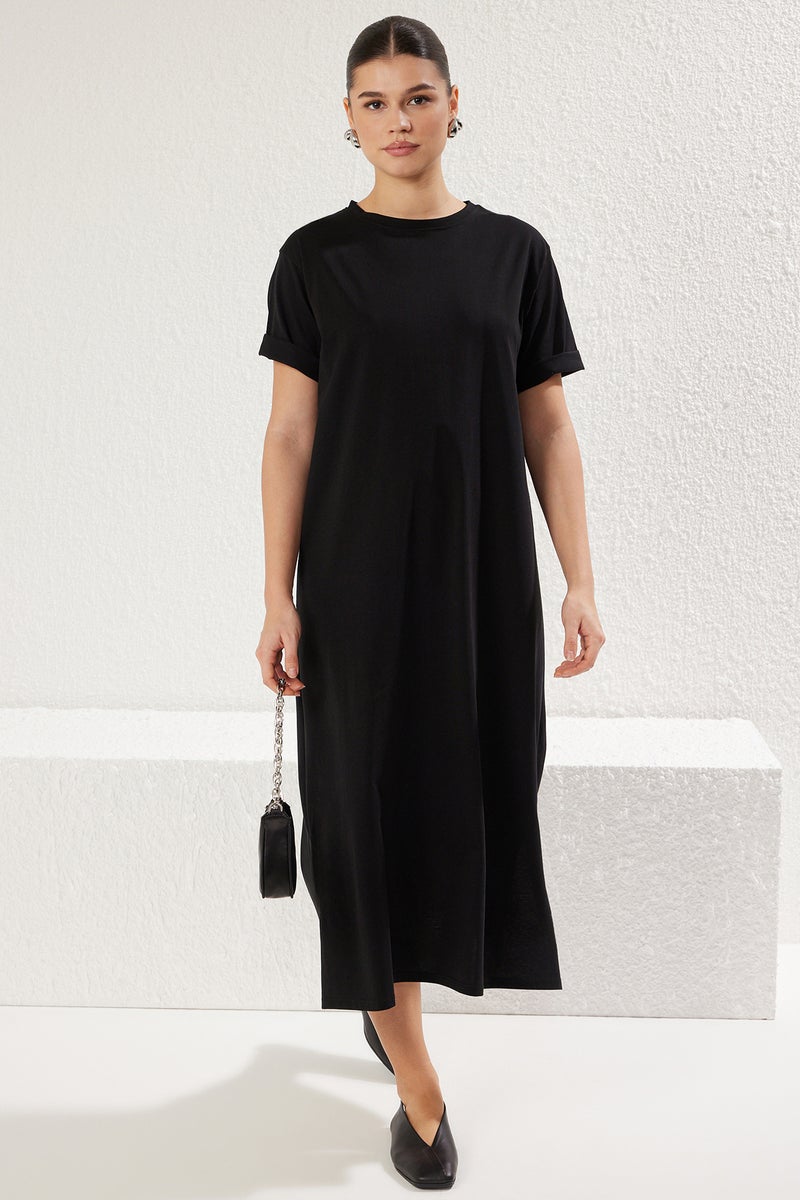 trendyol Black 100% Cotton Crew Neck Short Sleeve Midi Knitted T-shirt Dress - Image 1