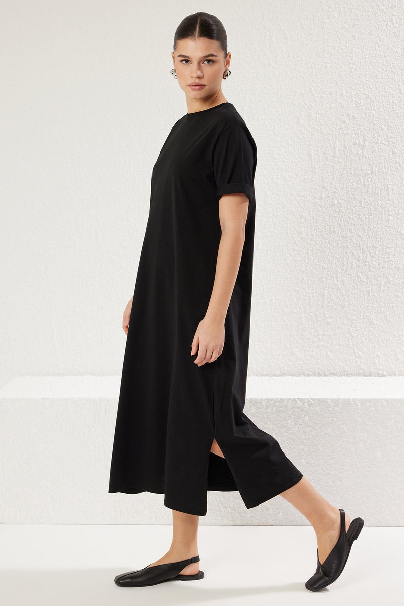 trendyol Black 100% Cotton Crew Neck Short Sleeve Midi Knitted T-shirt Dress - Image 2