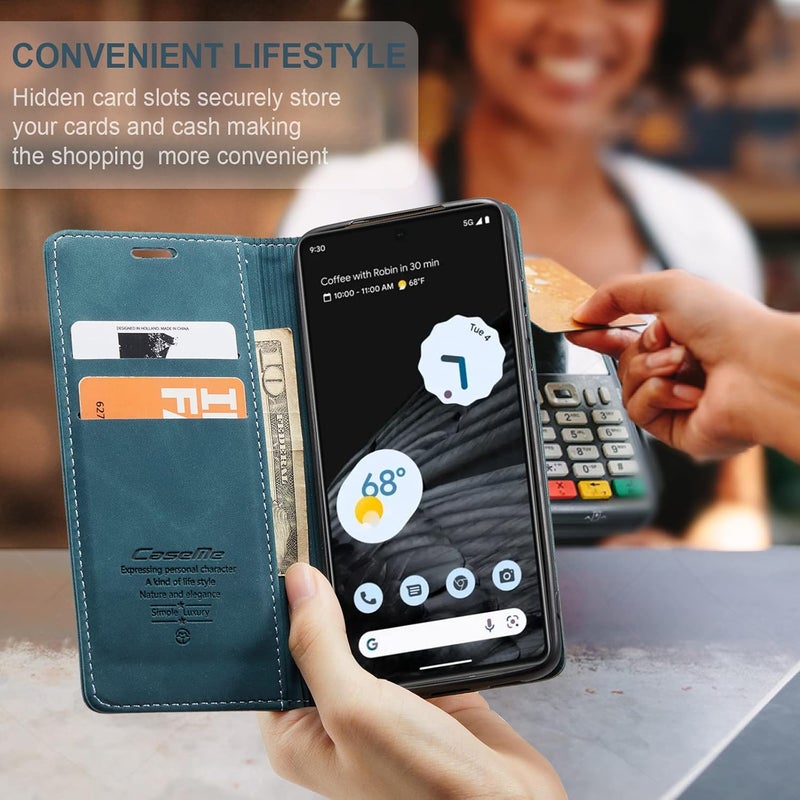 Cracedily for Google Pixel 7 Case, Flip Wallet Leather Case with Card Holder Magnetic Closure Shockproof Kickstand Protective Phone Cases Cover for Google Pixel 7,Blue-Green - Image 3