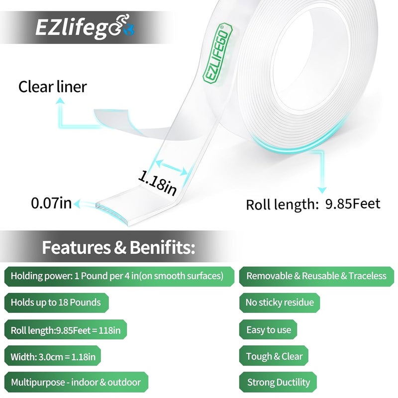 EZlifego ملصق شفاف ثنائي الجانب ثقيل الاستخدام، قابل للإزالة متعدد الأغراض، قوي قابل للغسل، (ألوان متنوعة) (عبوة من 2) - Image 2