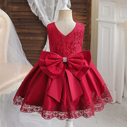 NNJXD Baby Girls Lace Dress Bowknot Flower Dresses Wedding Pageant Baptism Christening Tutu Gown Size (80) 6-12 Months #Red - Image 3