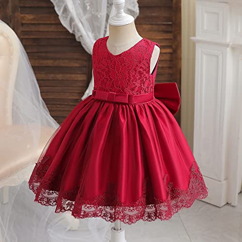NNJXD Baby Girls Lace Dress Bowknot Flower Dresses Wedding Pageant Baptism Christening Tutu Gown Size (80) 6-12 Months #Red - Image 2