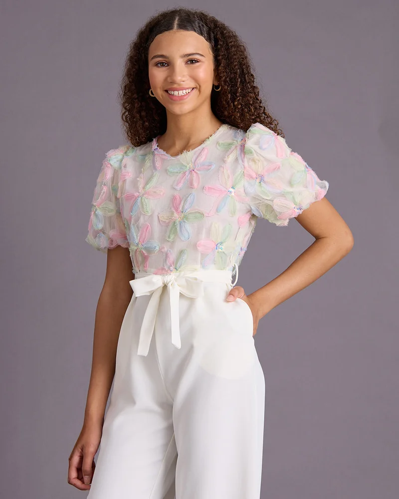 ردتاغ Senior Girls White Embroidered Dress