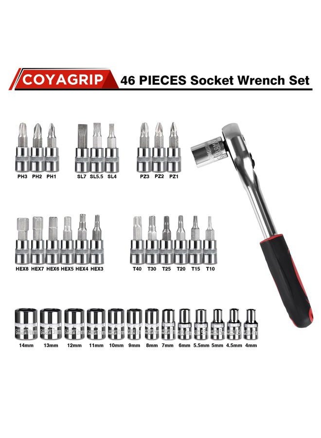 COYAGRIP طقم مفاتيح صمولة، 46 قطعة 1/4 بوصة طقم مفاتيح ربط، طقم مفاتيح مترية من CR-V مع قضيب تمديد، مجموعة أدوات ميكانيكي سيارات للاستخدام المنزلي، طقم بتات مع صندوق تخزين - Image 3