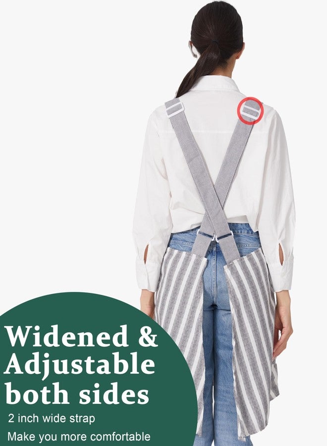 APRONNER Cozy Adjustable Cross Back Aprons for Women with Pockets Cotton Linen Cooking Kitchen Baking Grey Stripes - Image 3