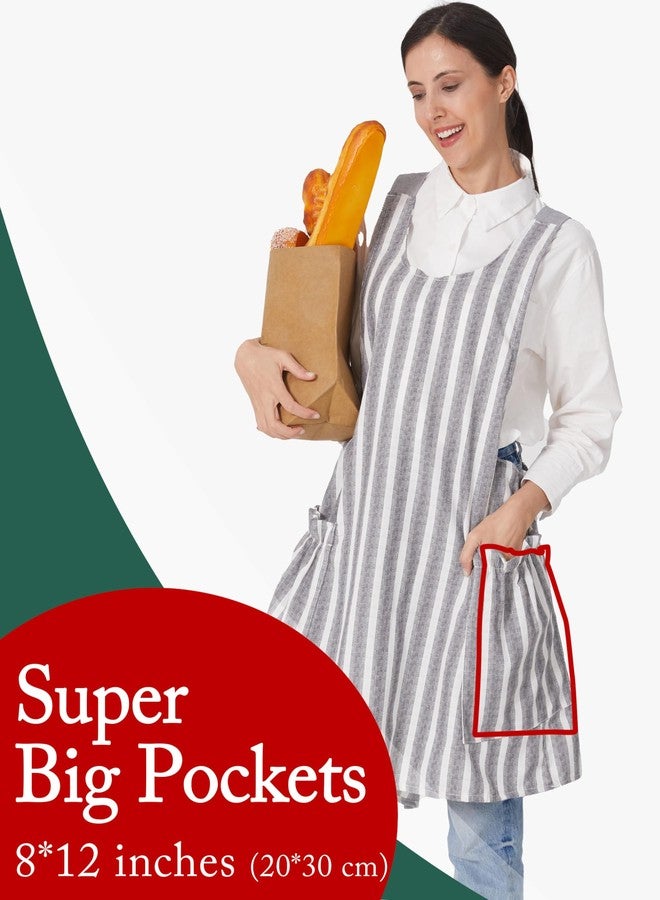 APRONNER Cozy Adjustable Cross Back Aprons for Women with Pockets Cotton Linen Cooking Kitchen Baking Grey Stripes - Image 2
