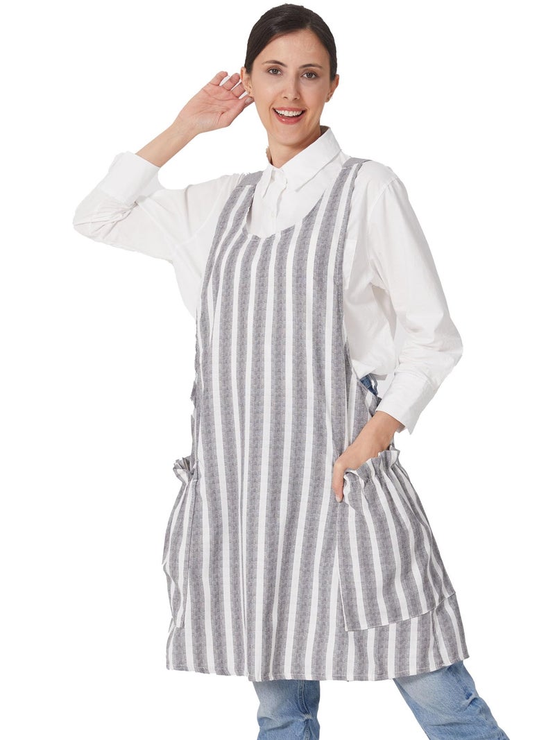 APRONNER Cozy Adjustable Cross Back Aprons for Women with Pockets Cotton Linen Cooking Kitchen Baking Grey Stripes - Image 1