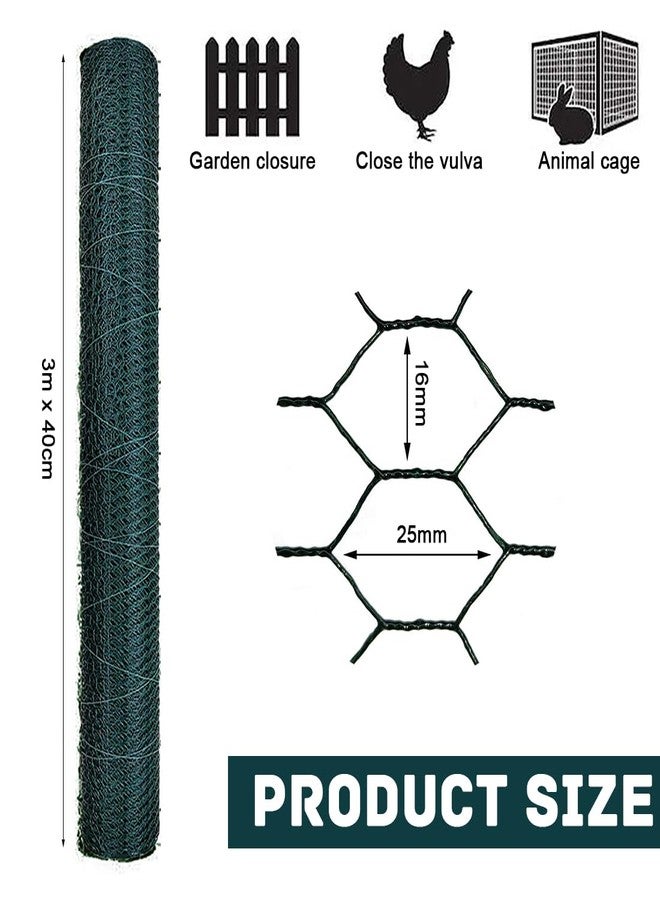 YSYONM Garden Poultry Green Chicken Wire PVC Coated Hexagonal Wire Mesh Roll Animal Fence 3m x 400mm Garden Netting Fencing for Pet Rabbit Chicken with Gloves & 50Pcs Cable Ties - Image 2