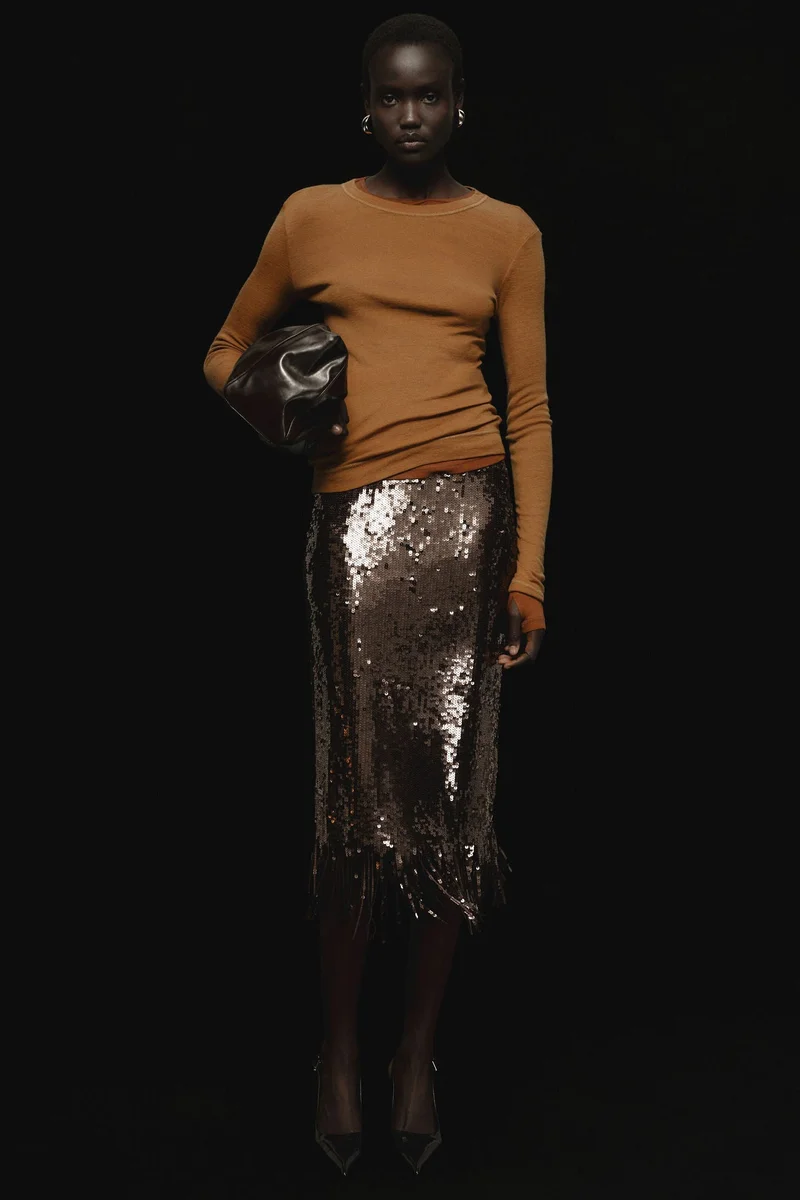 H&M Fringe-trimmed sequined skirt