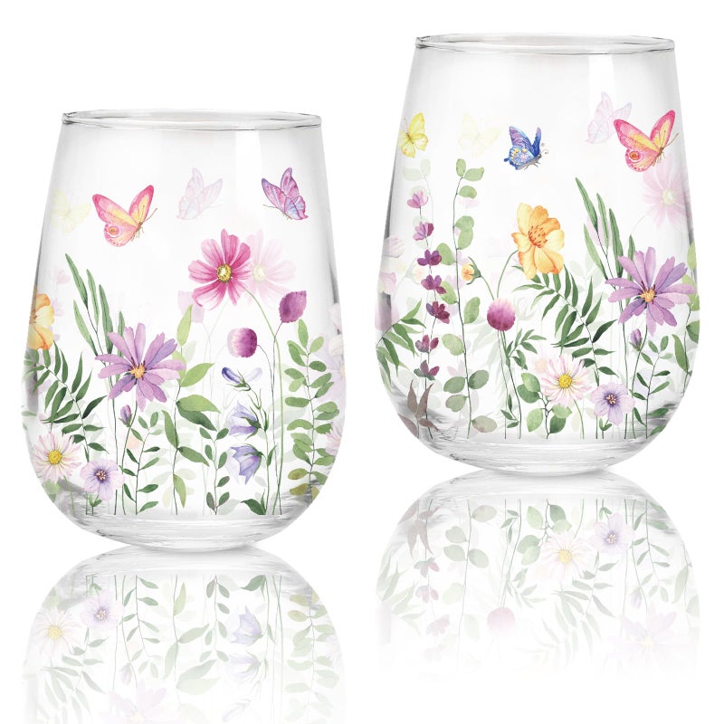 Whaline 2Pcs Spring Stemless Wine Glasses 17oz Watercolor Floral Butterfly Drinking Glasses Wild Flower Tumbler Cups for Party Supplies Gifts