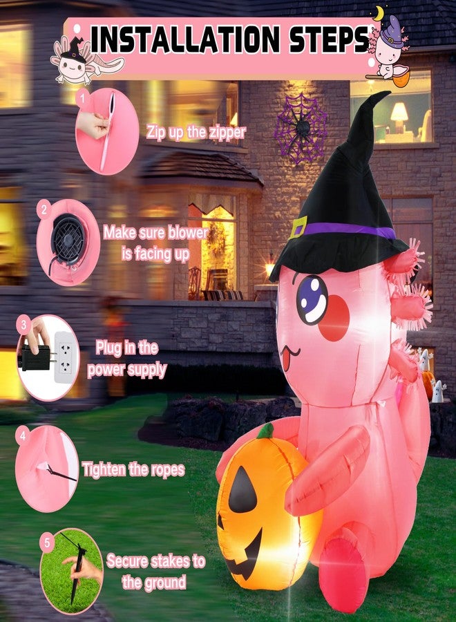 لي تايم دمية أكسولوتل قابلة للنفخ من ليت تايم بطول 5 أقدام مع يقطينة، زينة خارجية لطيفة ومبهجة للهالوين، مزودة بإضاءة LED مدمجة، مثالية للحديقة والفناء والحفلات الداخلية والعطلات، باللون الوردي. - Image 4