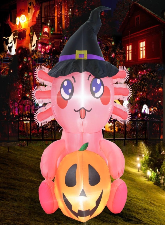 لي تايم دمية أكسولوتل قابلة للنفخ من ليت تايم بطول 5 أقدام مع يقطينة، زينة خارجية لطيفة ومبهجة للهالوين، مزودة بإضاءة LED مدمجة، مثالية للحديقة والفناء والحفلات الداخلية والعطلات، باللون الوردي. - Image 1
