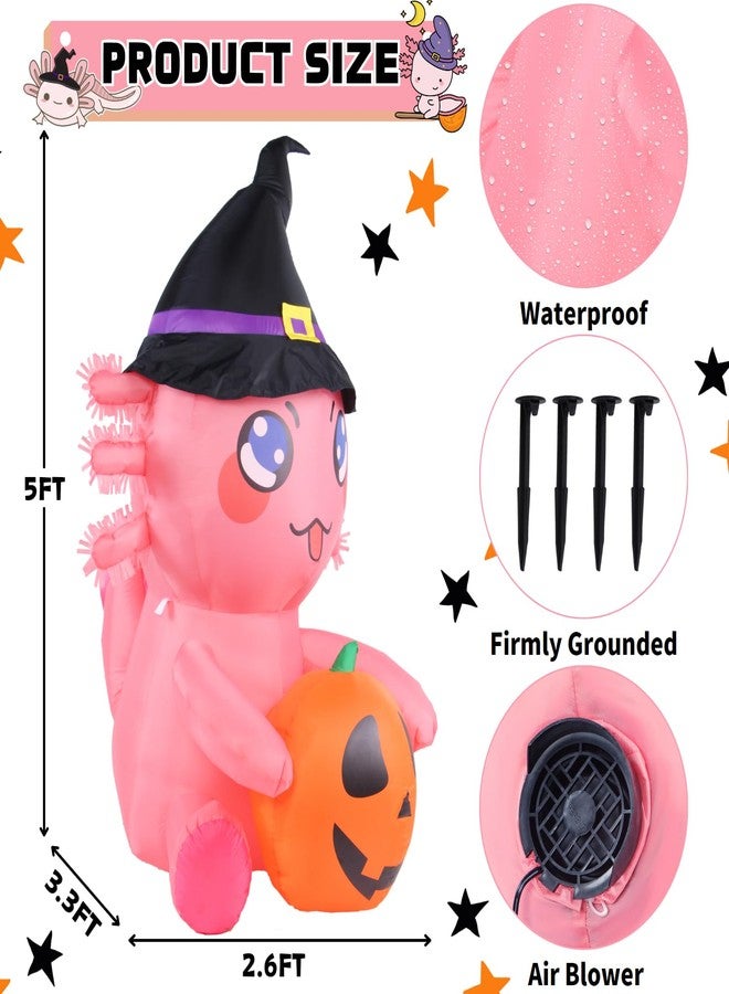 لي تايم دمية أكسولوتل قابلة للنفخ من ليت تايم بطول 5 أقدام مع يقطينة، زينة خارجية لطيفة ومبهجة للهالوين، مزودة بإضاءة LED مدمجة، مثالية للحديقة والفناء والحفلات الداخلية والعطلات، باللون الوردي. - Image 2