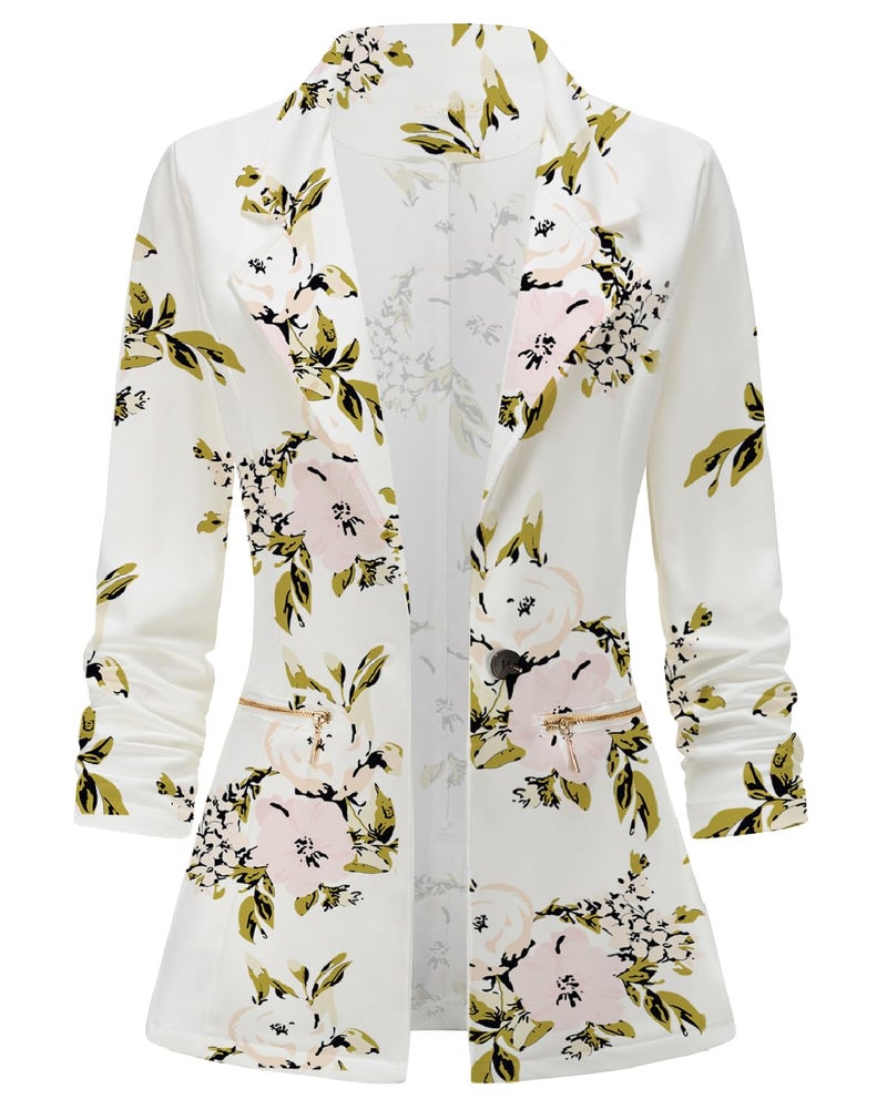 Genhoo Women Blazers for Work Casual Lightweight Floral Suit Jackets Blazer with Zipper Pockets White L - Image 1